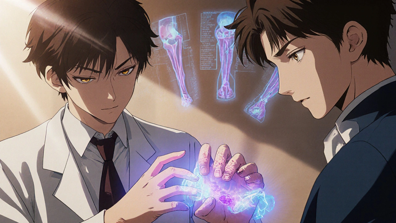 Doctors examining pitted nails and swollen knuckles with glowing joint inflammation overlays