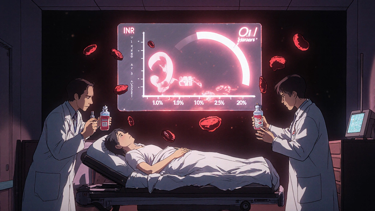 Emergency room scene with patient bleeding and INR chart dropping in retro anime