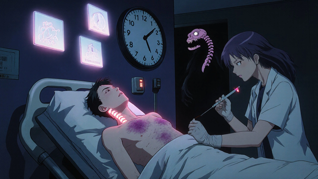 ER scene with patient having purplish rash and doctor performing spinal tap at night