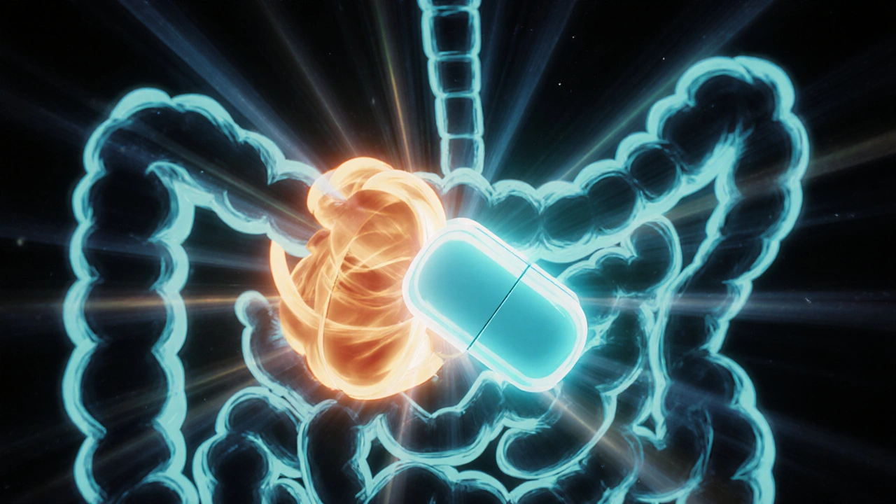 Glowing calcium and thyroid pill binding together inside a stylized intestine.