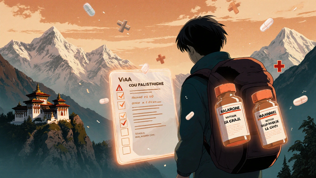 Hiker in the Himalayas with labeled medicine bottles and floating dosage checklist, surrounded by misty mountains and medicinal symbols.