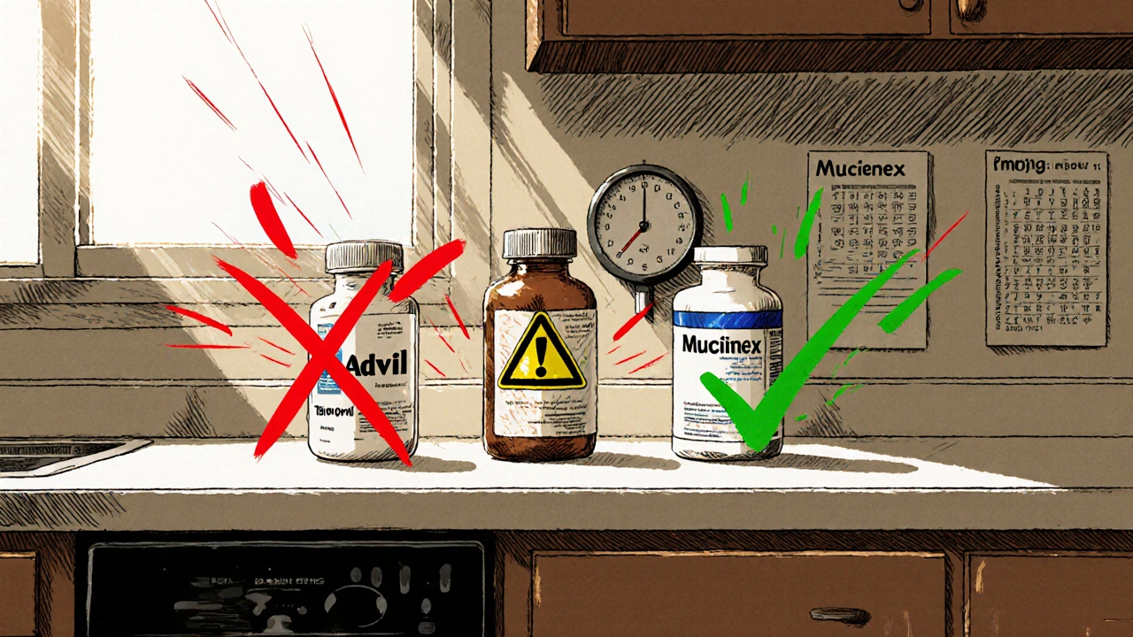 Kitchen counter with three medicine bottles: one crossed out, one cautionary, one safe, with INR chart on wall.