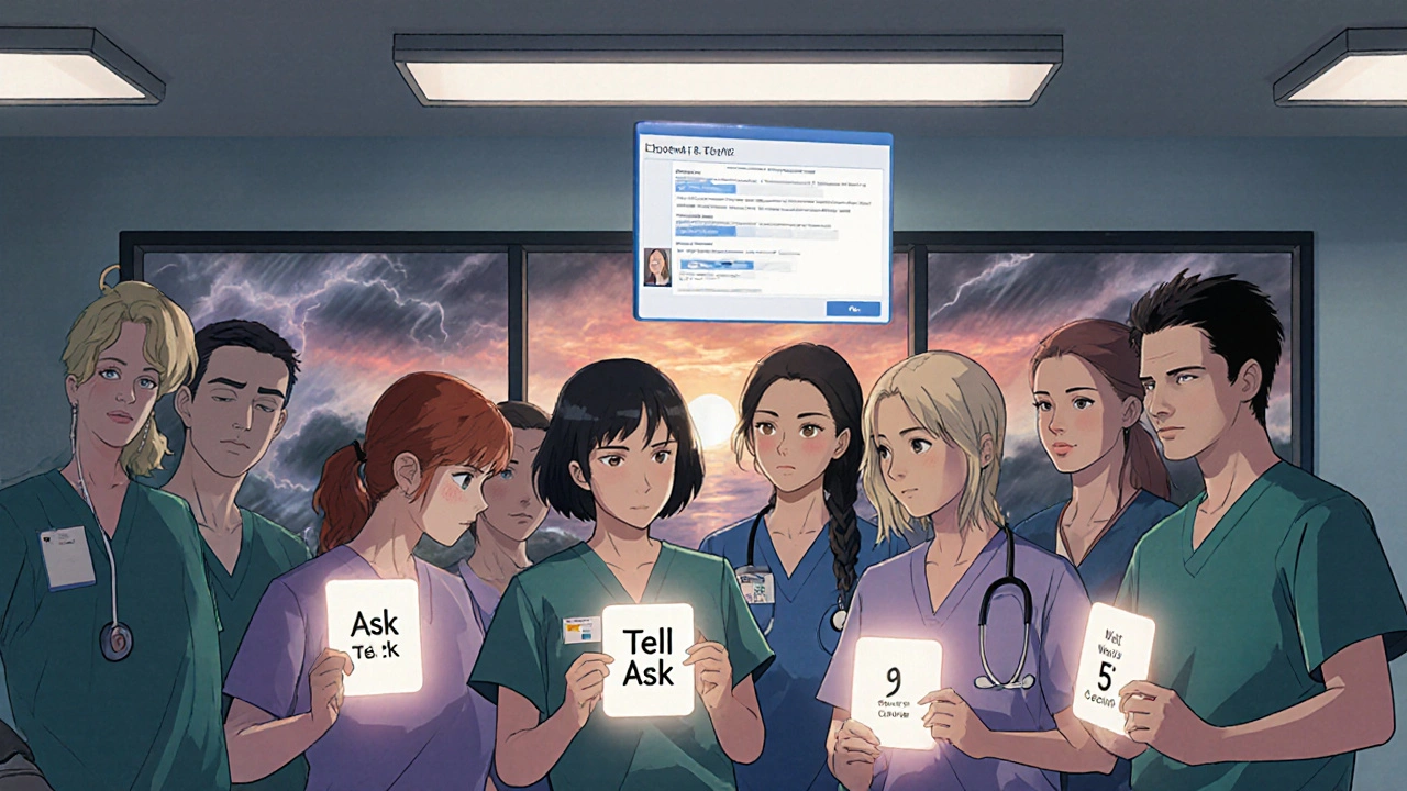 Medical team holds glowing communication cards as an EHR prompt appears, symbolizing improved patient care.