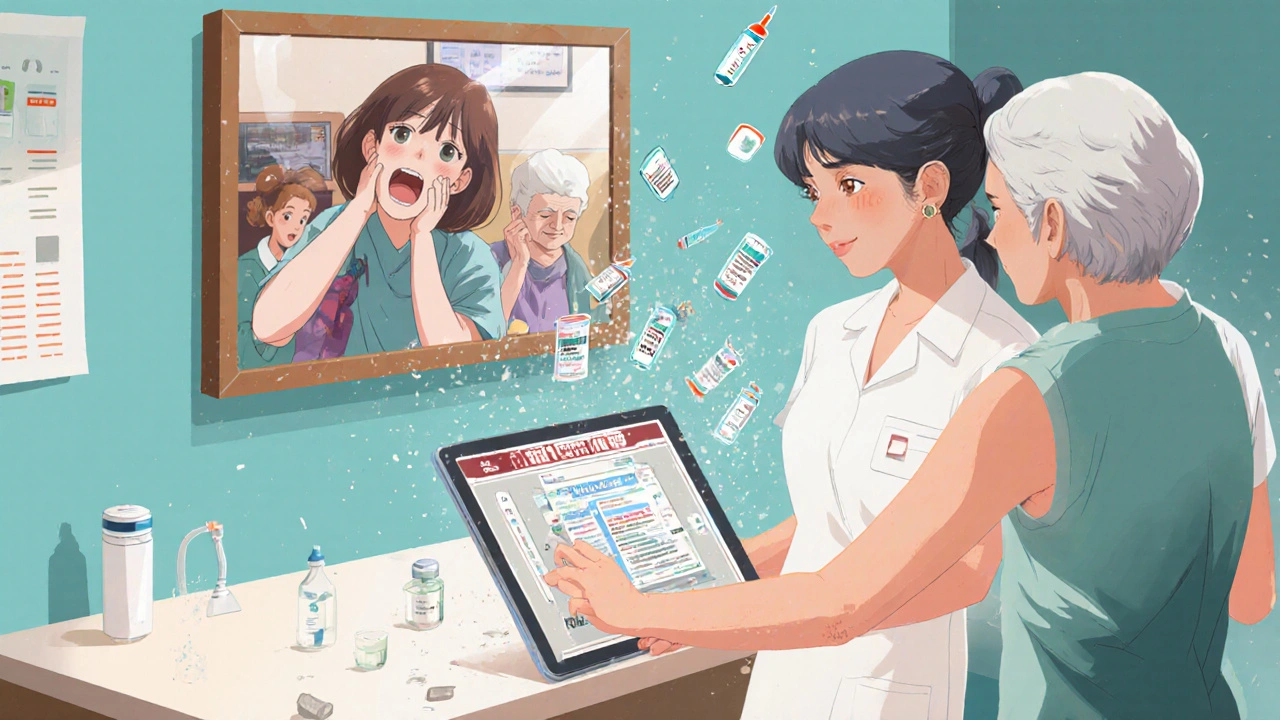 Nurse watches free training on tablet while comforting a patient, empathy glowing between them.