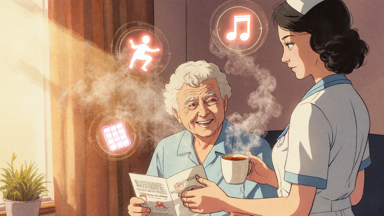 Older adult receiving tea and therapy brochure as opioids fade away, warm hopeful light.