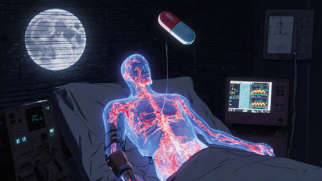 Patient in hospital with translucent blood stream showing dangerous drug level spikes