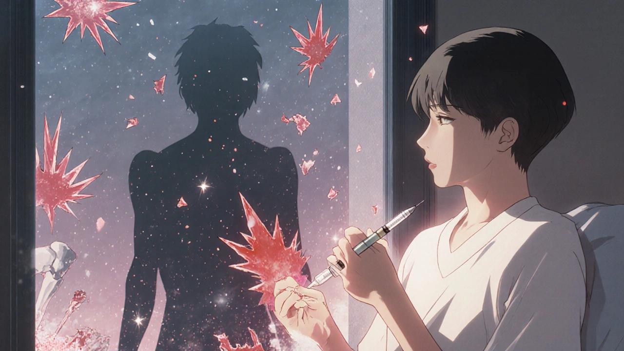 Patient injecting biologic medication as inflammation dissolves into light, cherry blossoms outside window