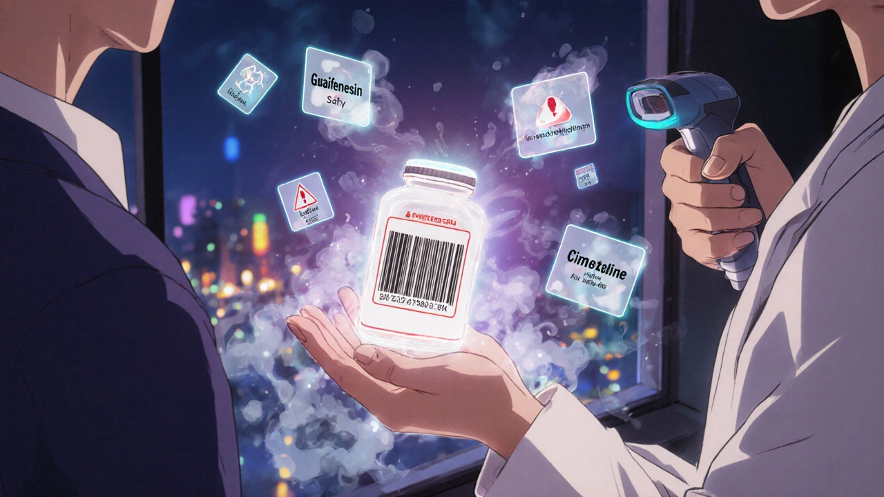 Patient receiving safety card from pharmacist as safe ingredients glow and dangerous ones vanish into smoke.