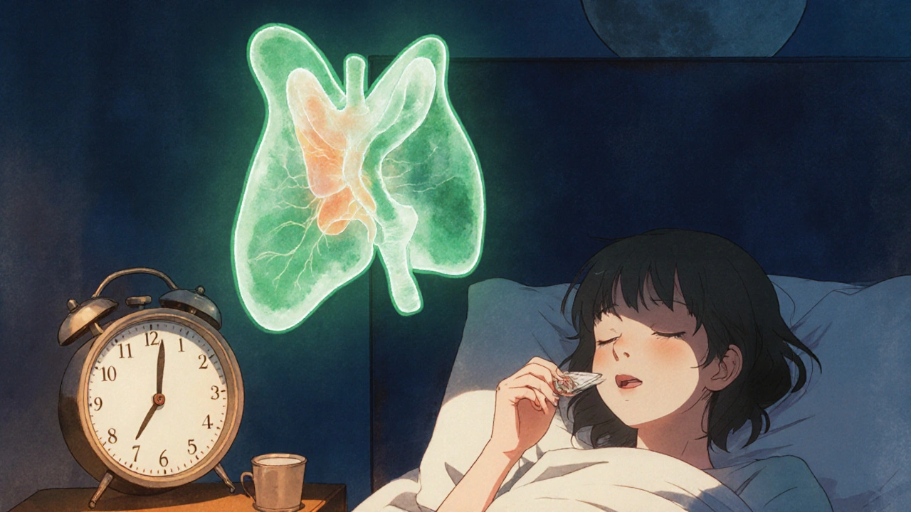 Patient taking iron at night with a peaceful glowing thyroid above their bed.