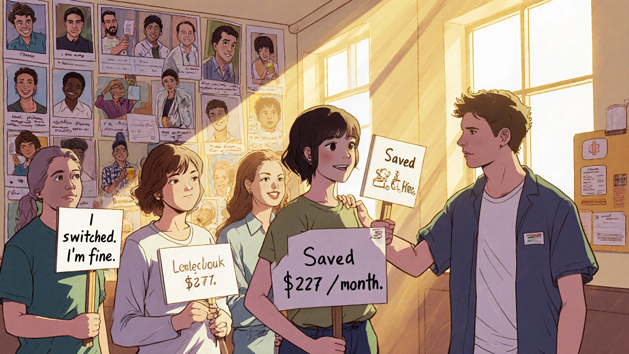 Patients in a community center holding signs of savings and well-being, supported by a pharmacist.