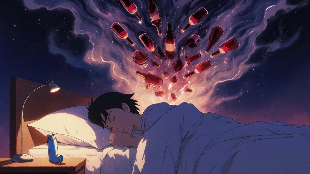 Person sleeping with inhaler nearby as shadowy alcohol bottles distort the air above them.