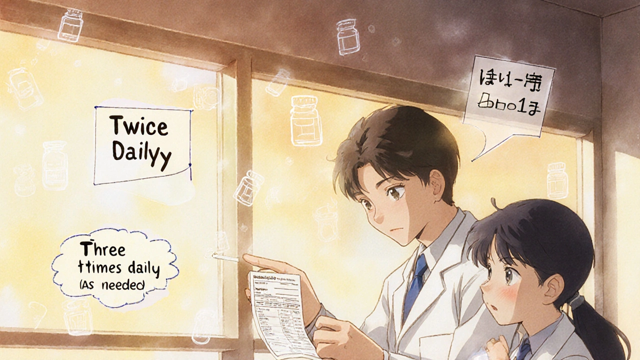 Pharmacist explains prescription labels to patient as English translations float like anime kanji.
