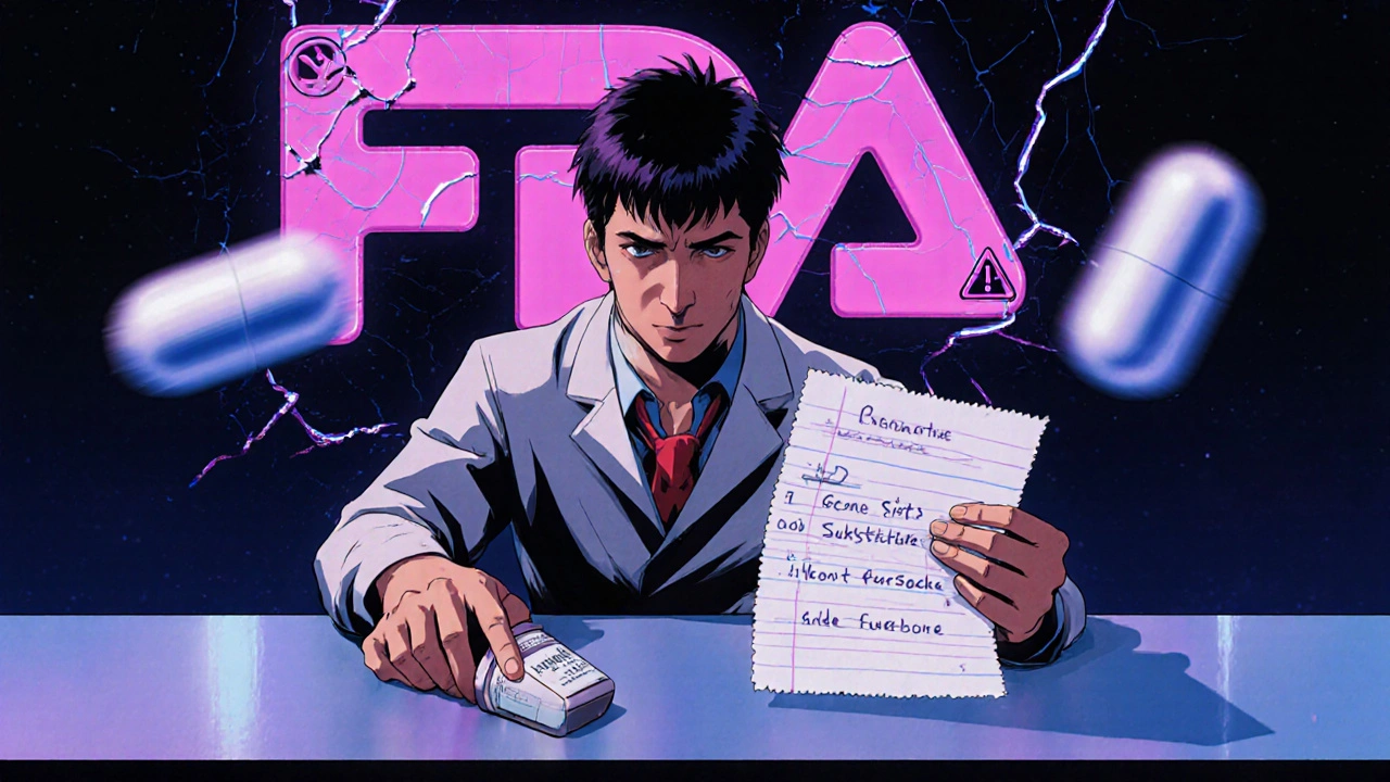 Pharmacist hesitating between brand and generic NTI pills with a doctor&#039;s warning note