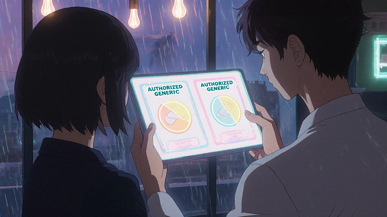 Pharmacist showing a comparison chart of three pills on a glowing tablet screen.