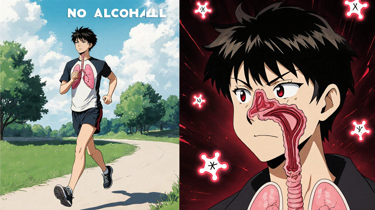 Split-panel scene showing clear lungs versus constricted airways after drinking alcohol.