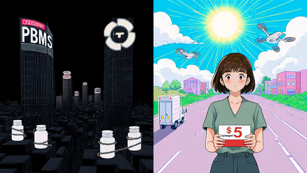 Split scene: oppressive pharmacy middlemen vs. direct delivery system in retro anime.
