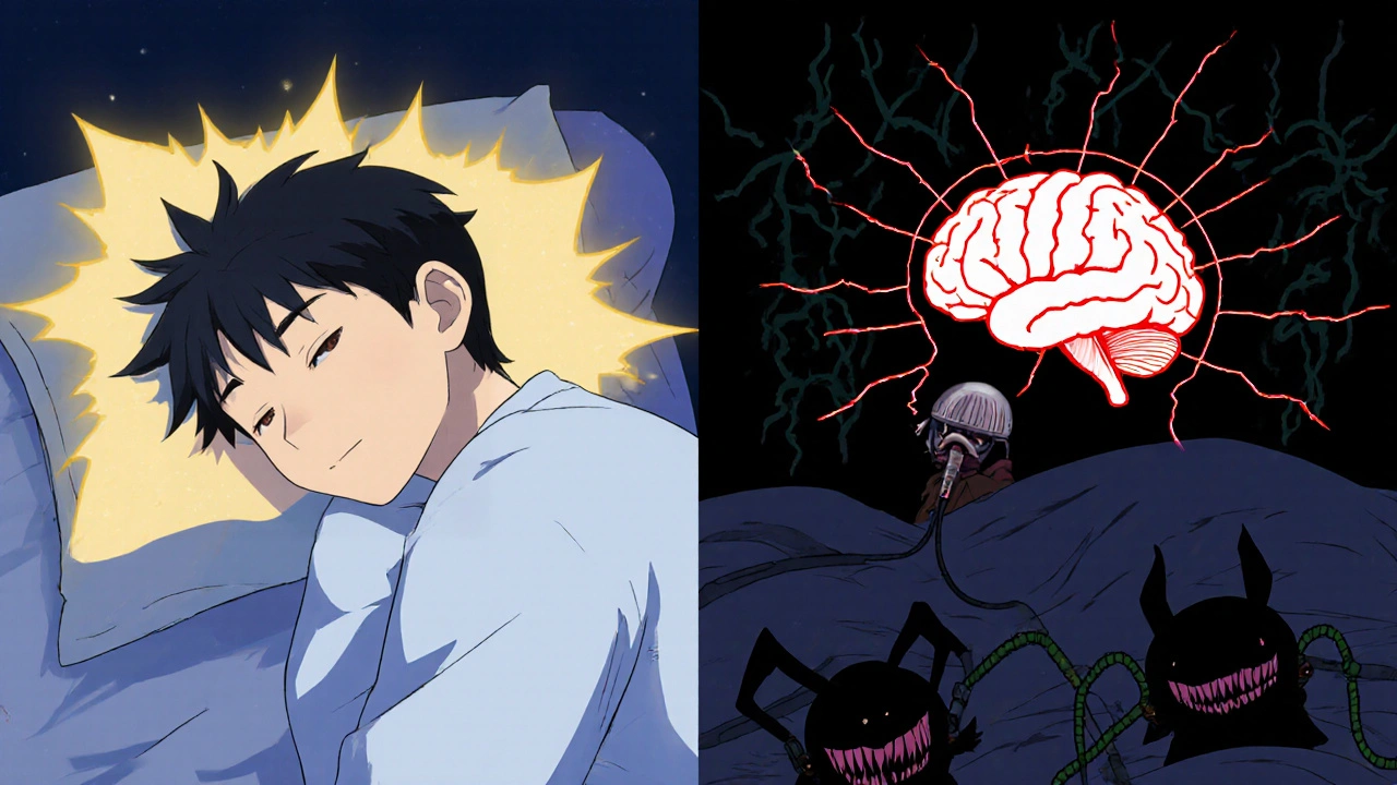 Split-screen of peaceful sleep vs. chaotic nighttime awakening with apnea shadows and brain disruptions.