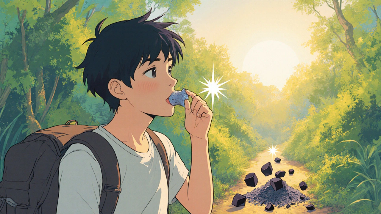 Traveler taking Malarone at sunrise as Lariam pills crumble to ash behind them.