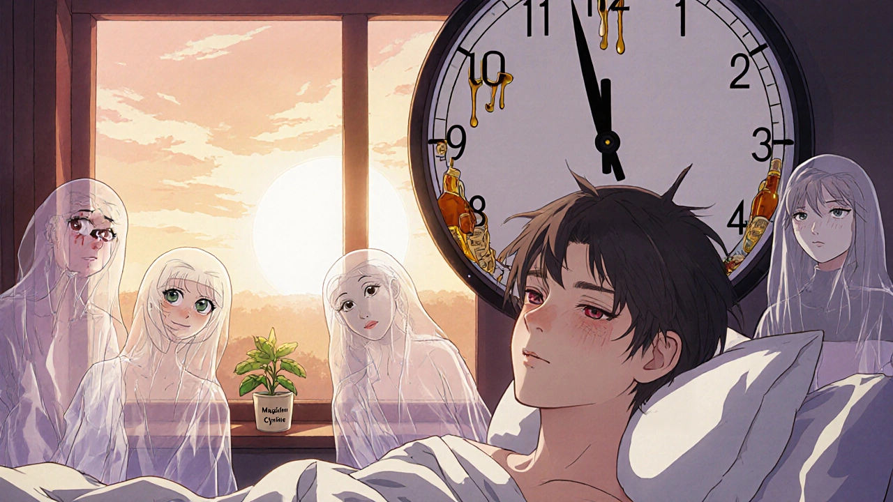 Waking up surrounded by ghostly lost hours of sleep, with a whiskey clock ticking backward and sunlight entering the room.