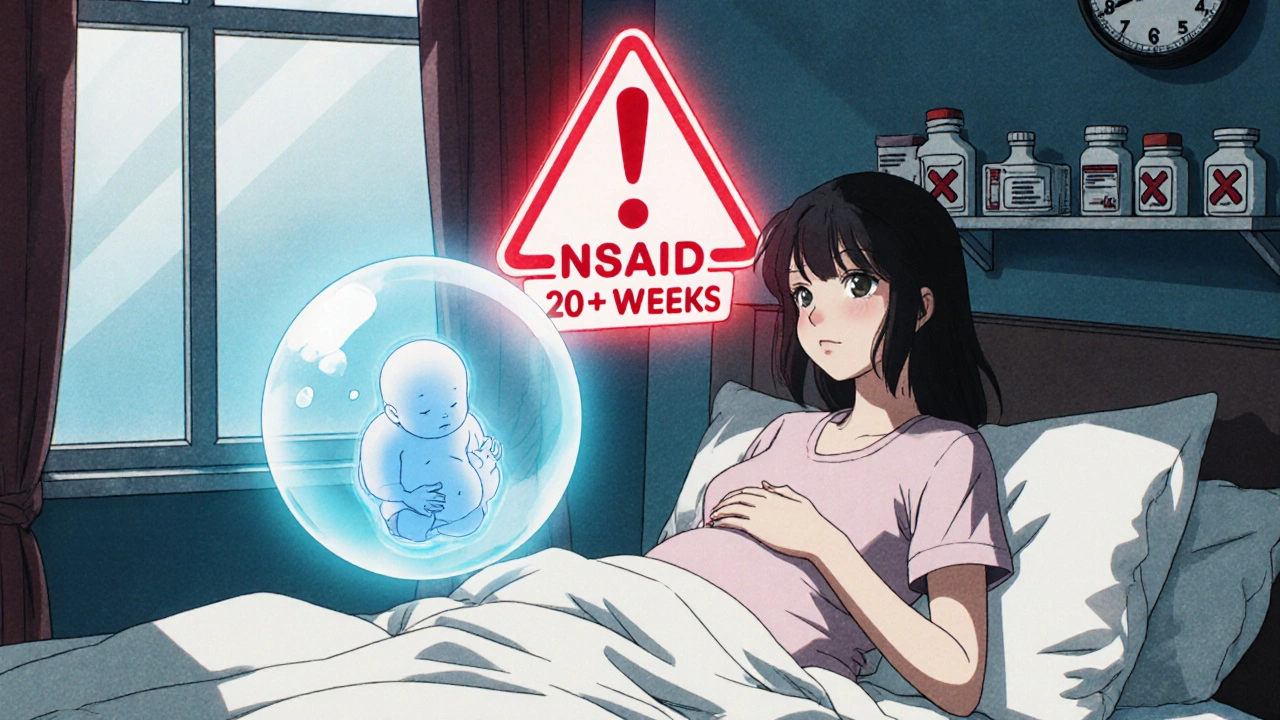 Woman in third trimester with warning sign for NSAIDs and a peaceful baby bubble beside her.