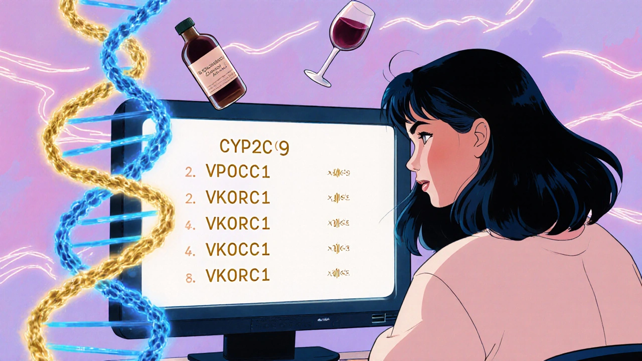 Woman reviewing blood test results with glowing gene variants in retro anime