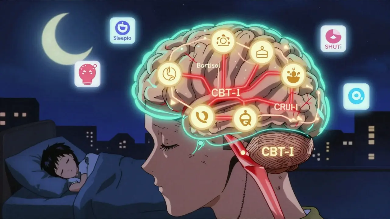 A brain's neural pathways shifting from red stress signals to calm blue-gold healing circuits under a peaceful night sky.