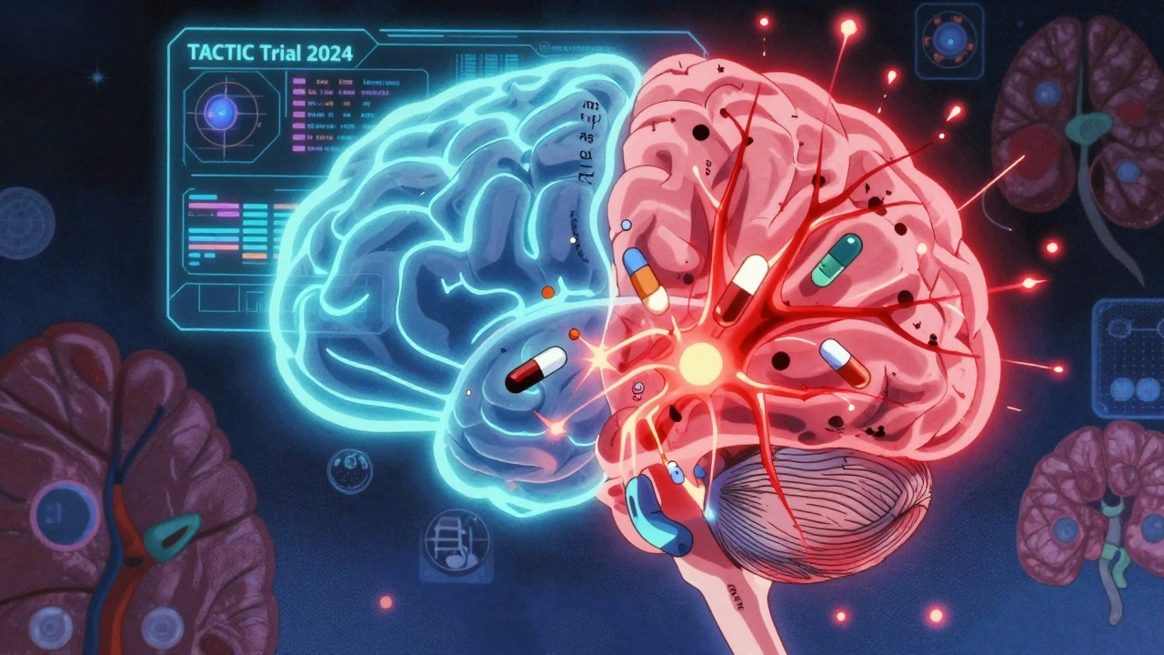 A brain split between health and neurotoxicity, with drug symbols clashing at the blood-brain barrier.