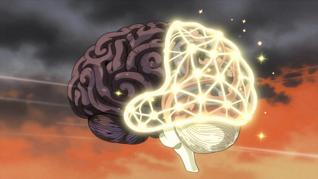 A brain transforming from dark tangles to bright neural pathways in vintage anime style.