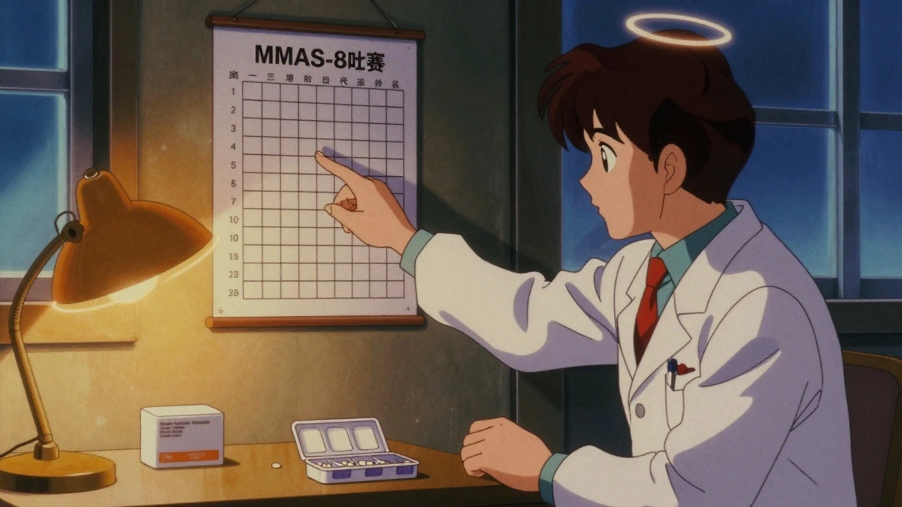 A doctor and patient review an adherence chart in a quiet clinic room with warm, soft lighting.