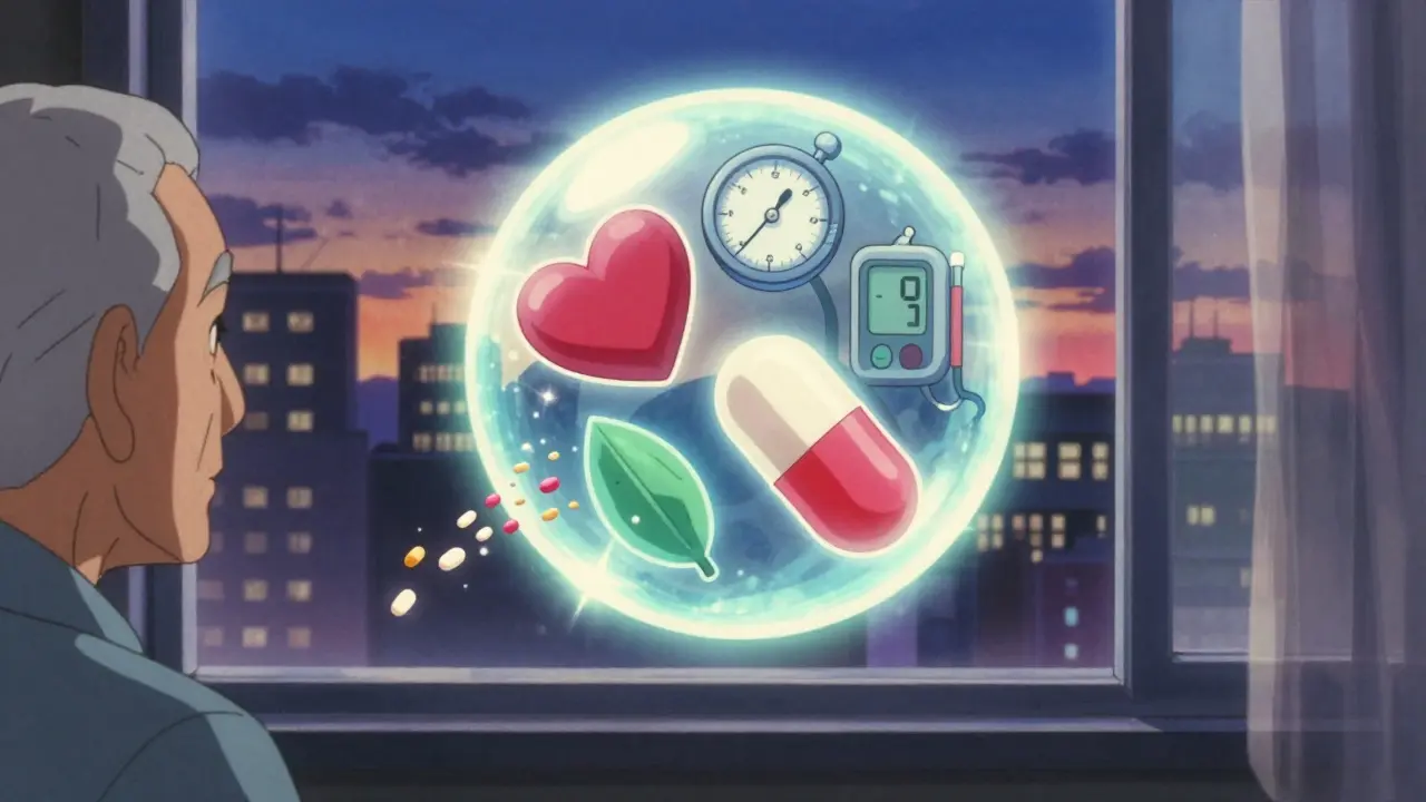 A glowing polypill with medical symbols floating in the air above a quiet city skyline at dusk.