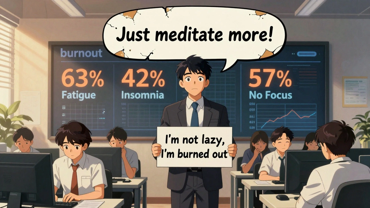 A manager faces a weary team while a broken self-care poster floats above them.