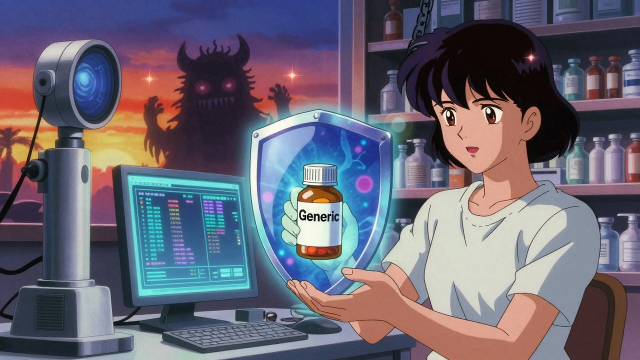 A patient holds a pill bottle that becomes a shield against impurity monsters in retro anime style.