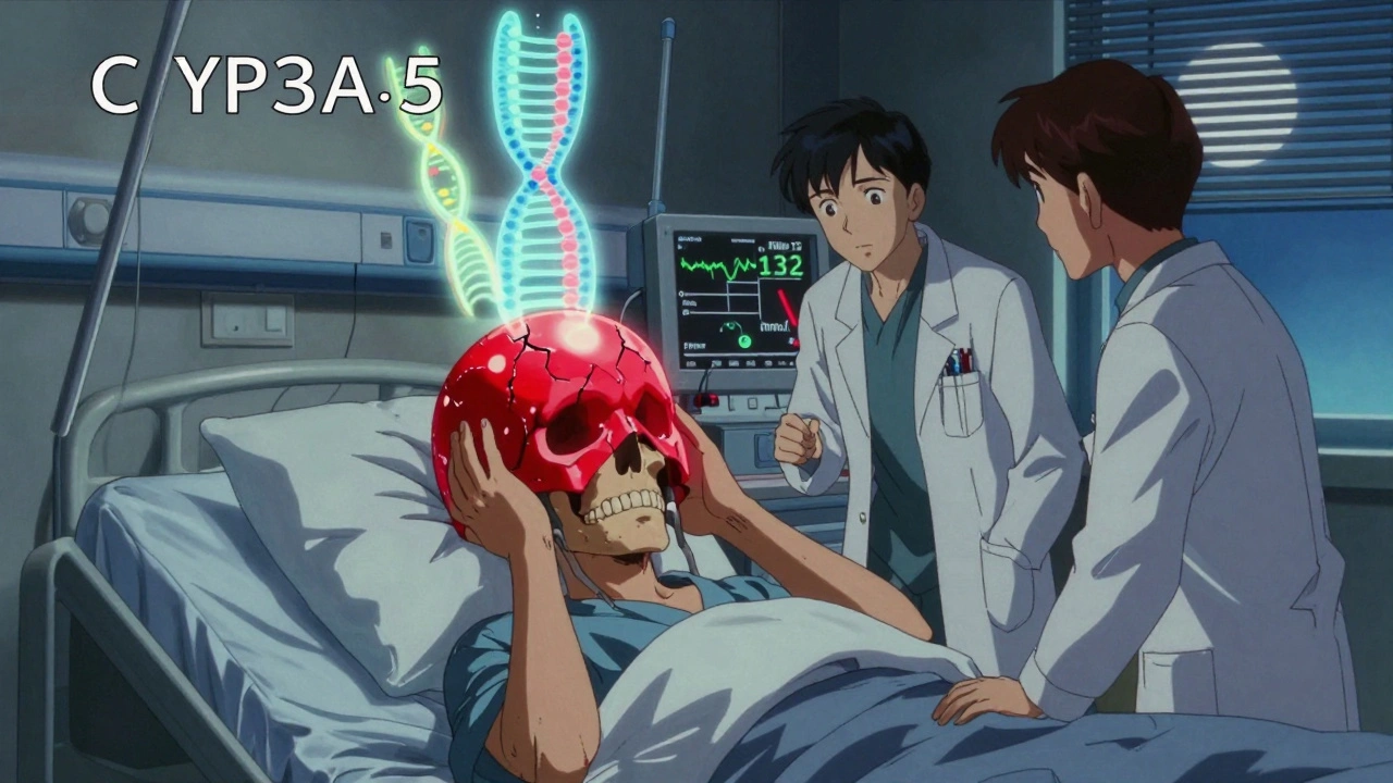 A patient in bed with a glowing cracked helmet symbolizing a severe headache, sodium levels dropping on a monitor.