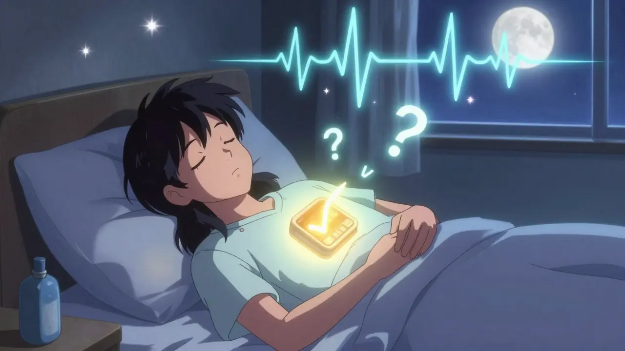 A peaceful patient with a glowing ICD device, ghostly heartbeats dissolving into calm waves under moonlight.