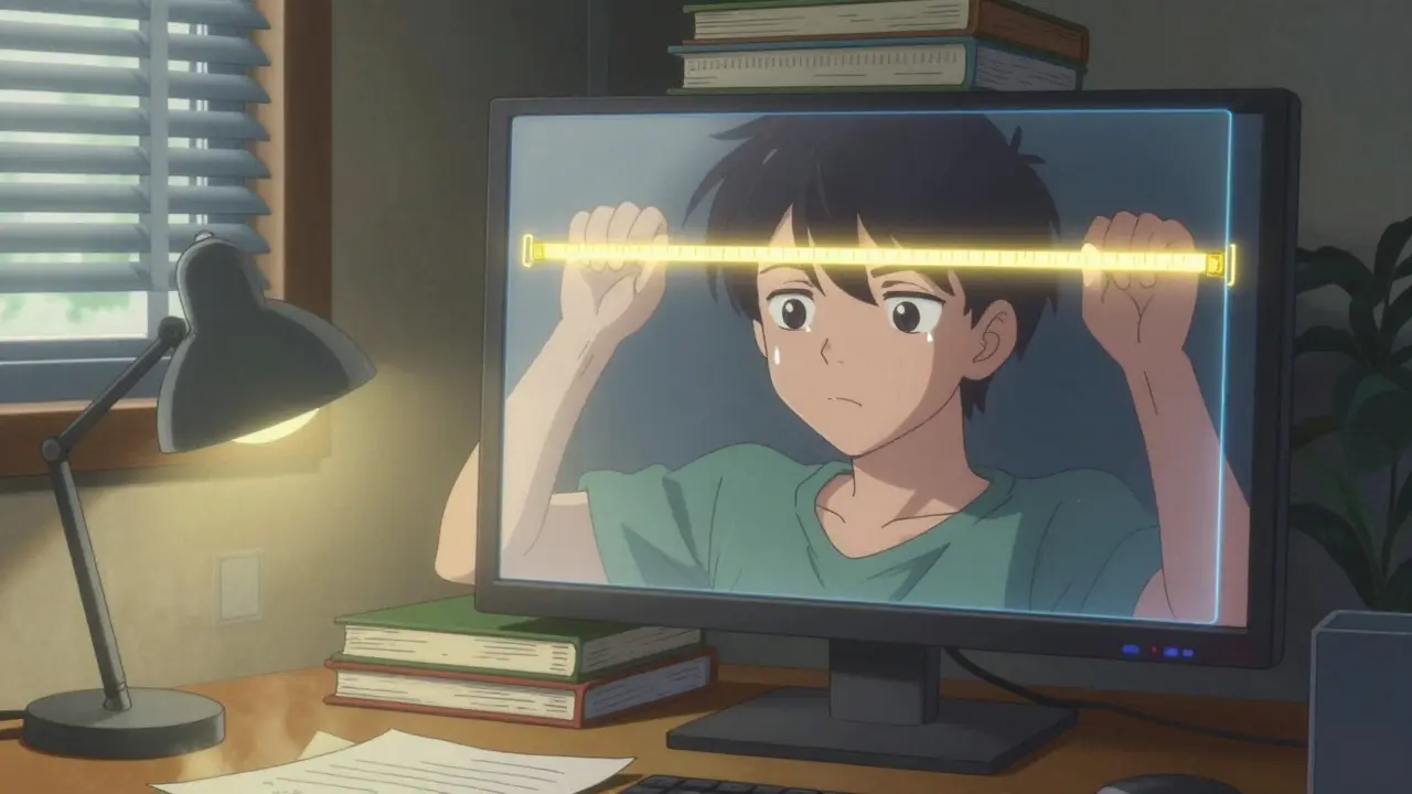 A person adjusting their monitor to eye level with books, arm’s length distance marked, soft ambient lighting in retro anime style.