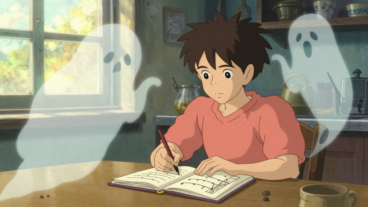 A person journaling with emotional ghosts floating around them in soft morning light.