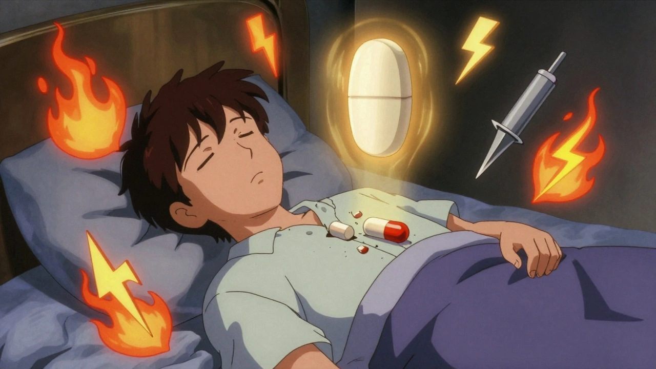 A person lying awake at night surrounded by pain symbols, with a calming pregabalin pill emitting golden light above them.