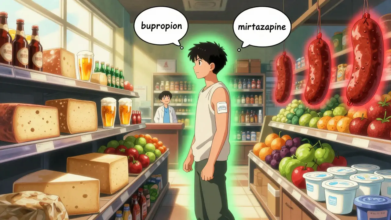 A person shopping in a surreal grocery store with dangerous foods glowing red and safe options in green.
