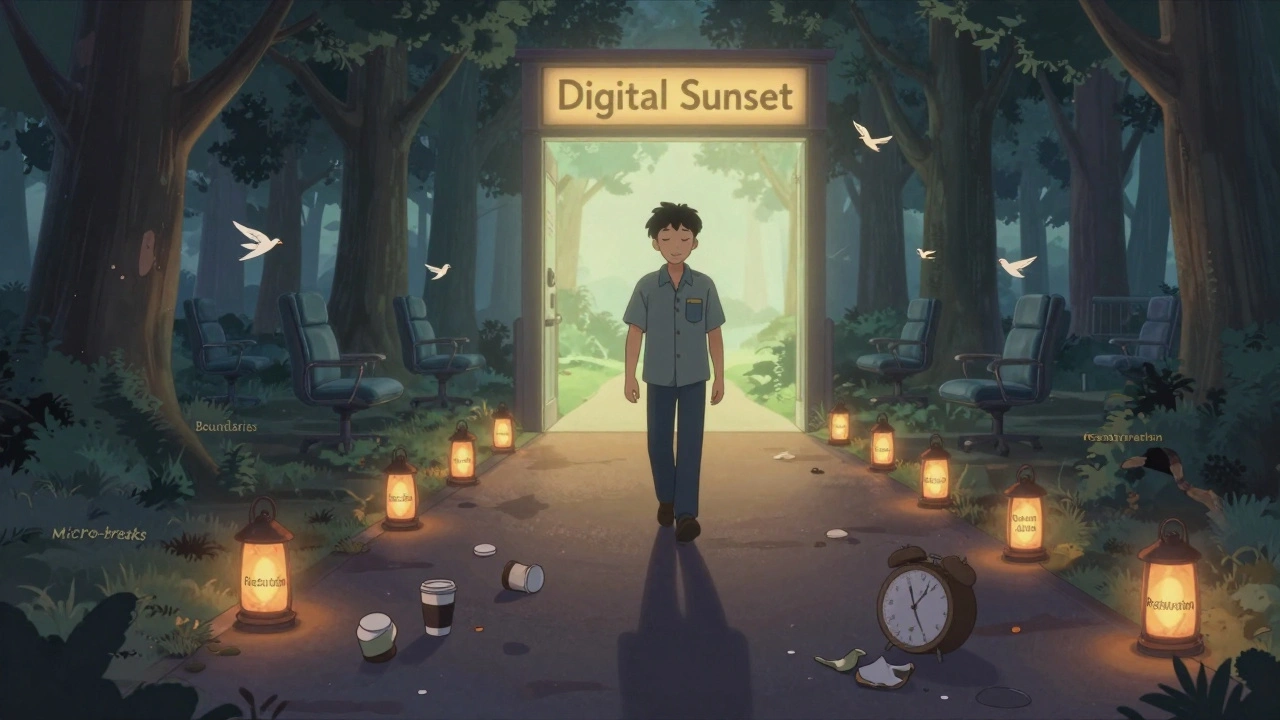 A person walks into a peaceful forest portal labeled &#039;Digital Sunset&#039; after leaving work behind.