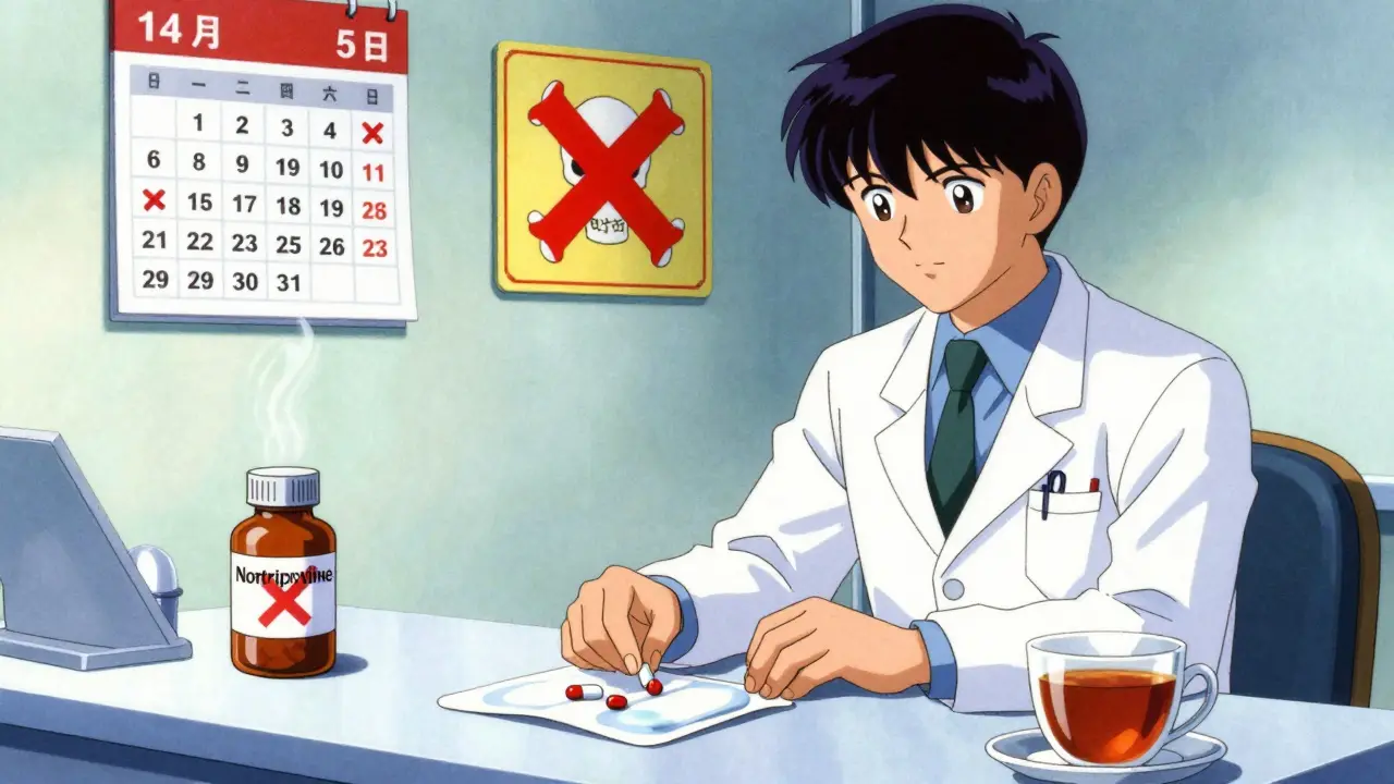 A psychiatrist placing safe medications on a table with warning symbols for dangerous drug combinations.