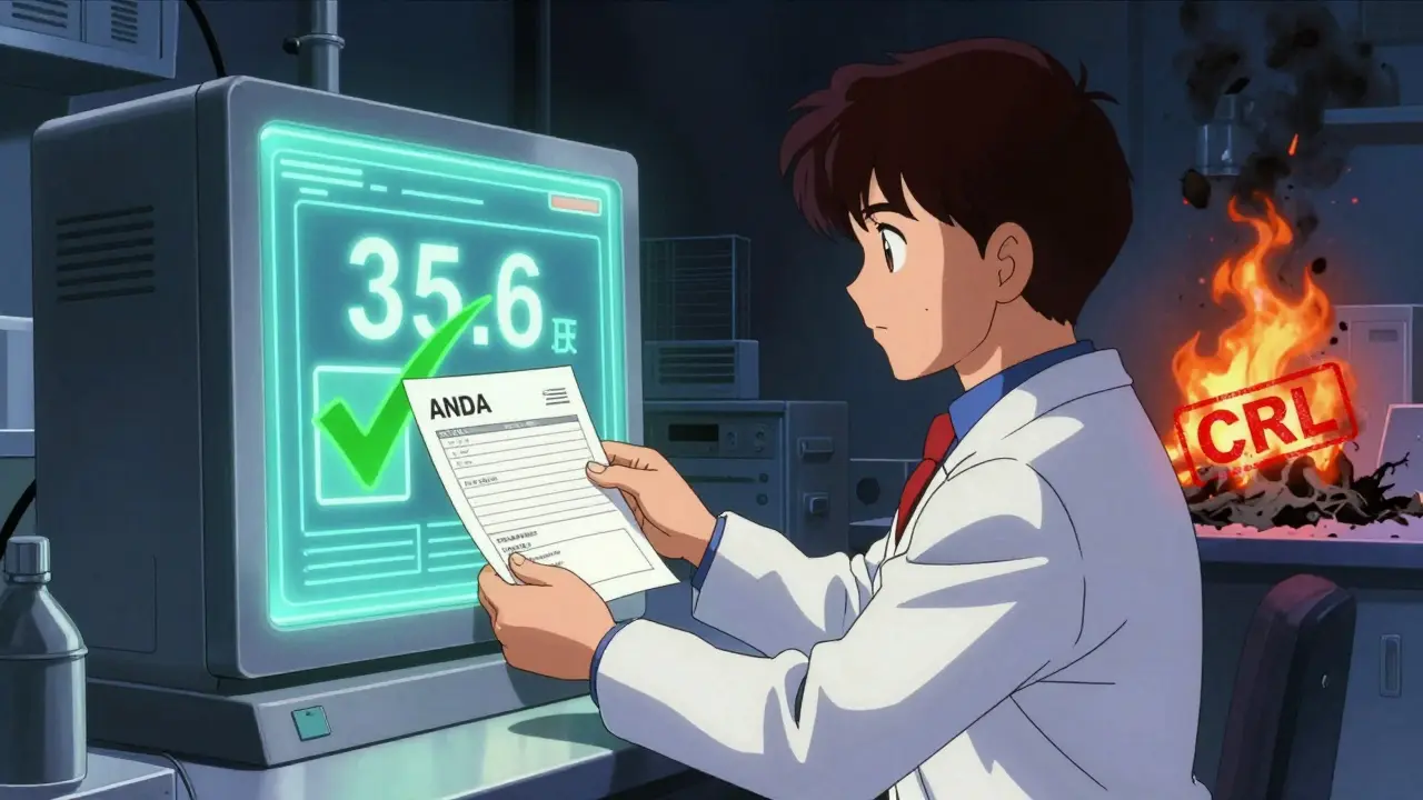 A scientist submits an ANDA to a glowing AI terminal with a 35.6-day countdown.