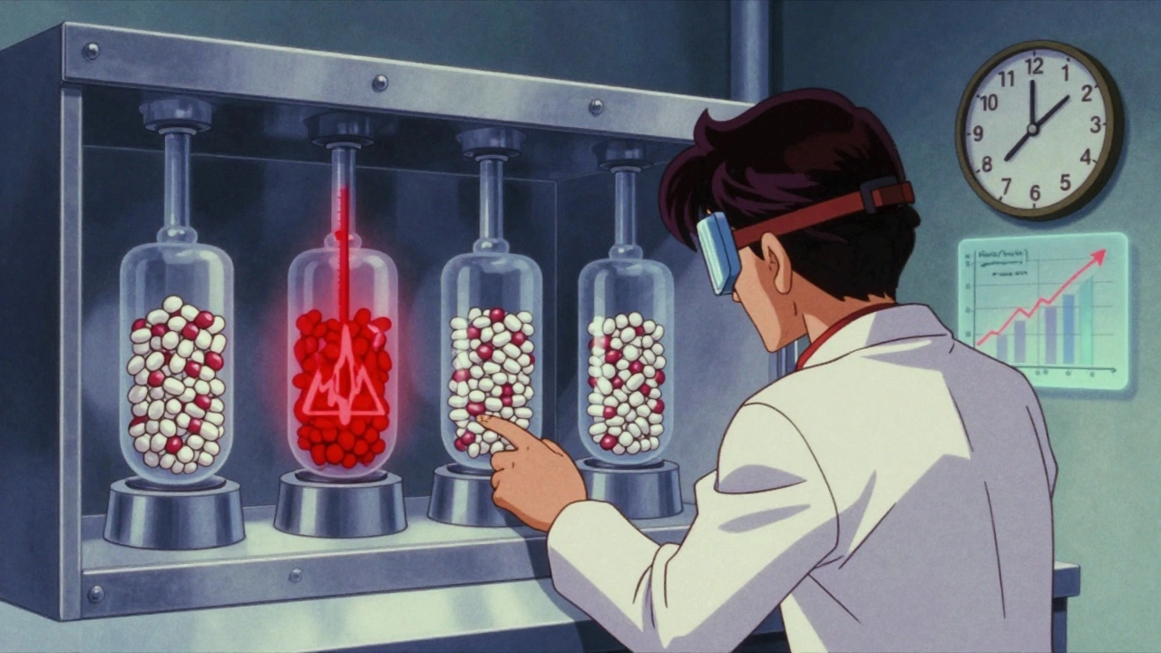 A scientist watches stability chambers with one glowing red as data graphs float nearby.