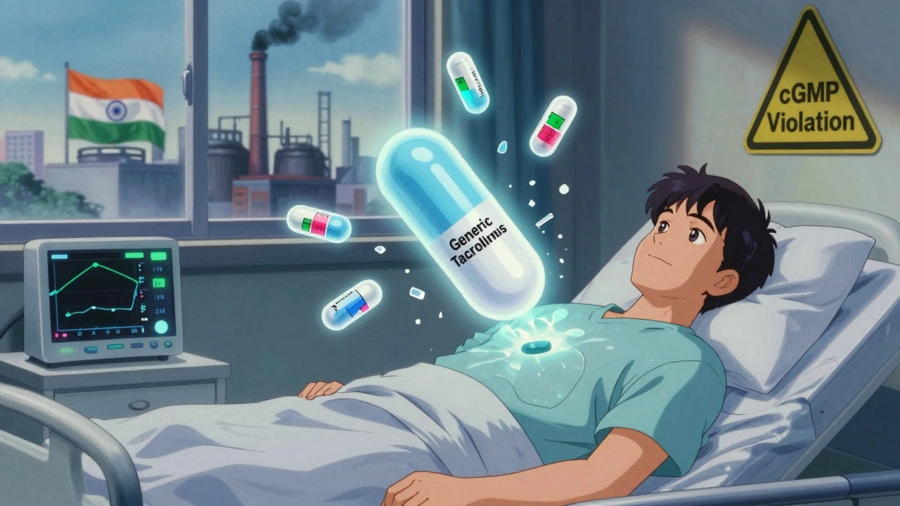 A sick patient with a shattered generic pill above their chest, reflecting inaccurate lab results and a distant factory.