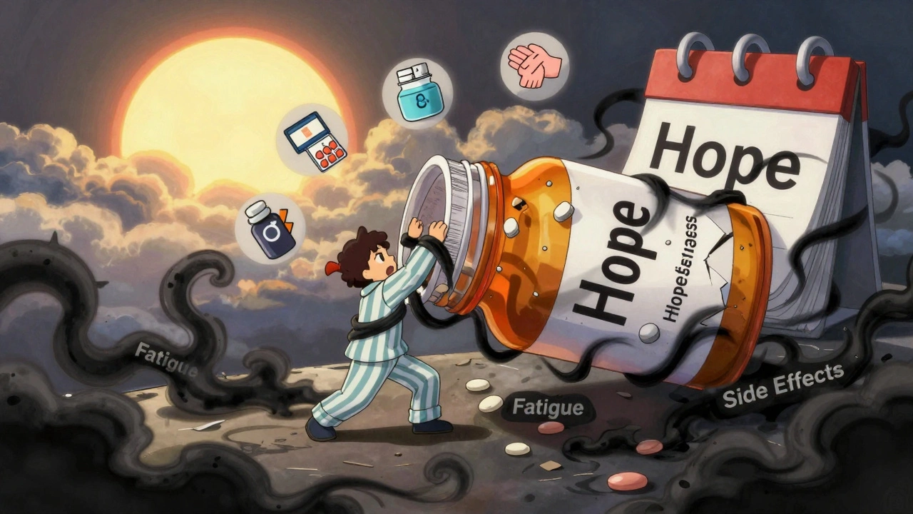 A symbolic inner battle shows a person weighed down by shadows while a sunrise of recovery glows behind.