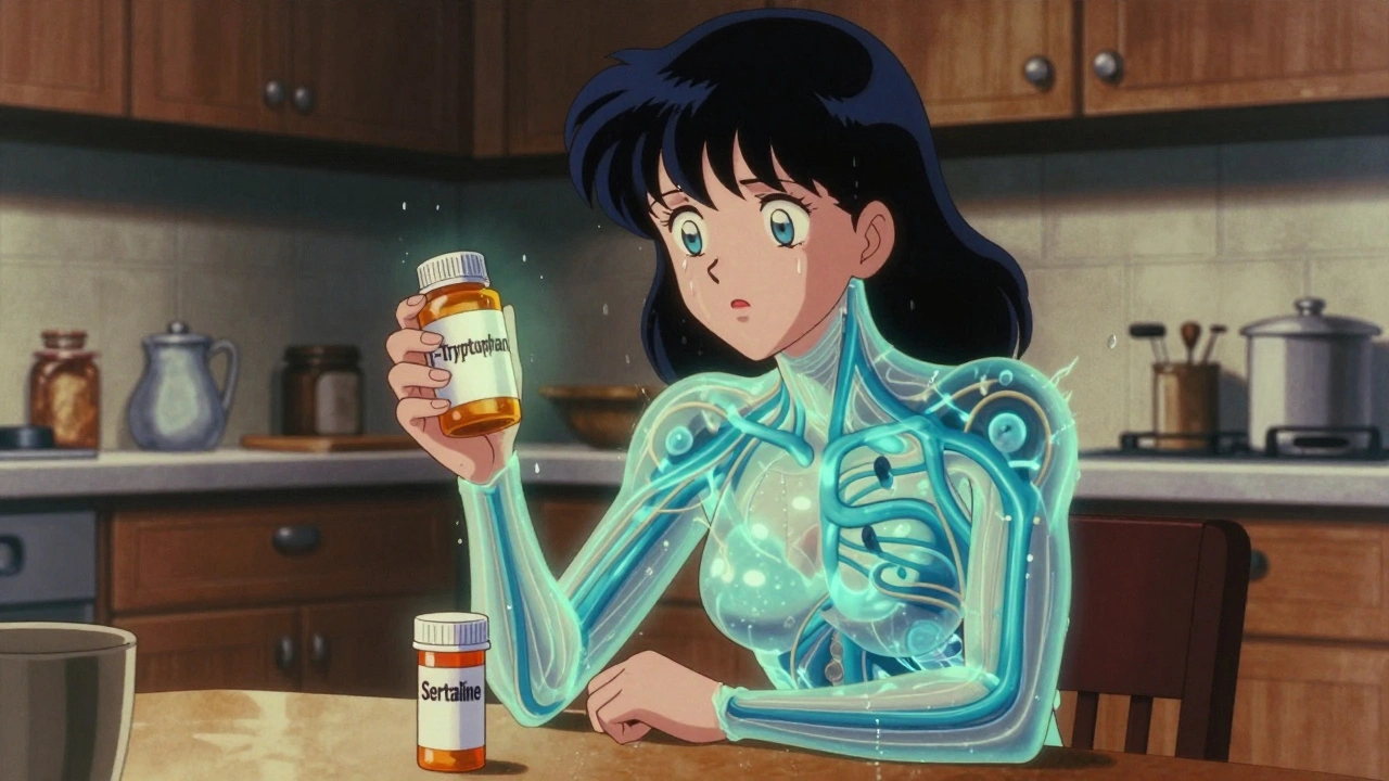 A woman holding tryptophan supplement beside her antidepressant bottle, serotonin currents visible in her body.