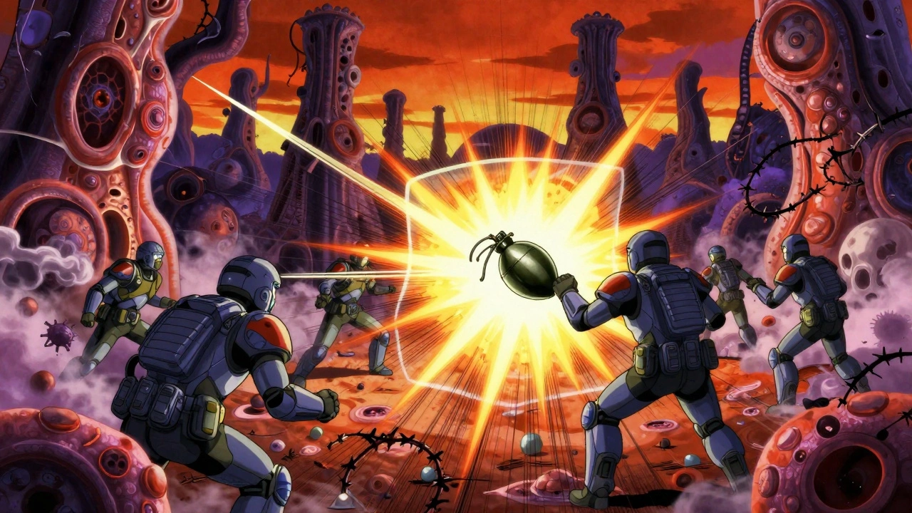 CAR-T soldiers fight inside a toxic tumor fortress, deploying a checkpoint inhibitor grenade to clear the way.