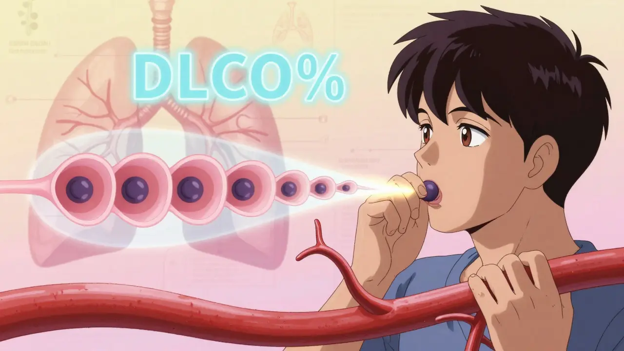 Carbon monoxide molecule diffusing into blood vessels in a glowing lung, retro anime style