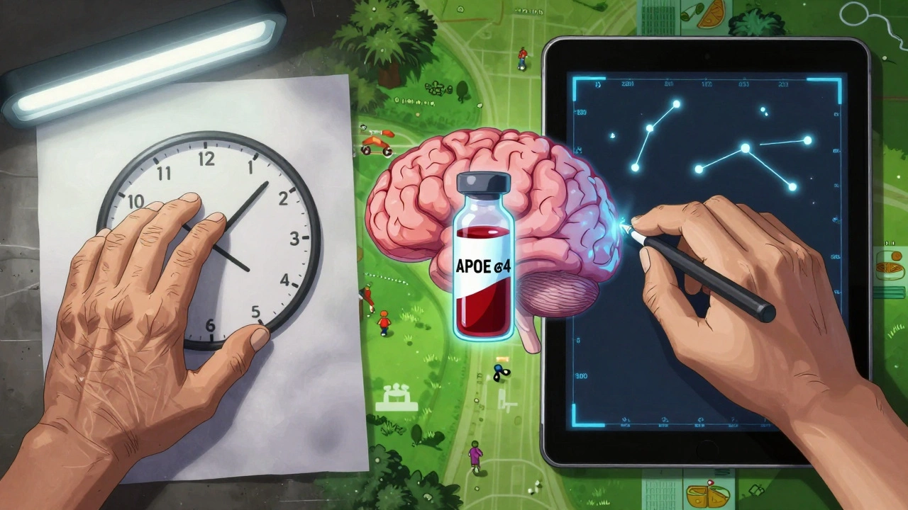 Contrast of traditional paper cognitive test versus digital version, with blood test and lifestyle icons symbolizing early intervention.