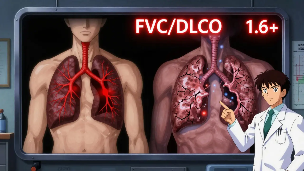 Contrasting lung conditions with FVC/DLCO ratio glowing red in retro anime style
