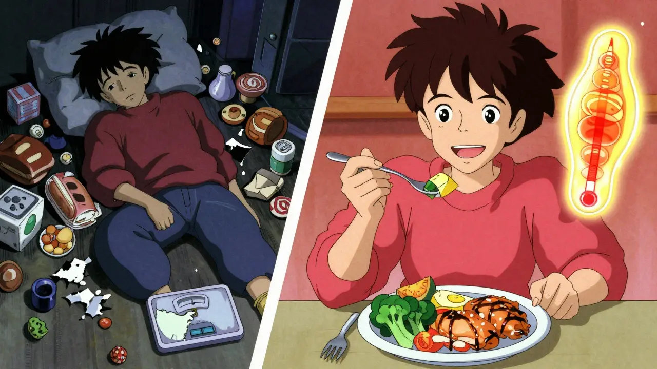 Contrasting scenes of junk food at night vs. healthy meal at noon with metabolic glow.